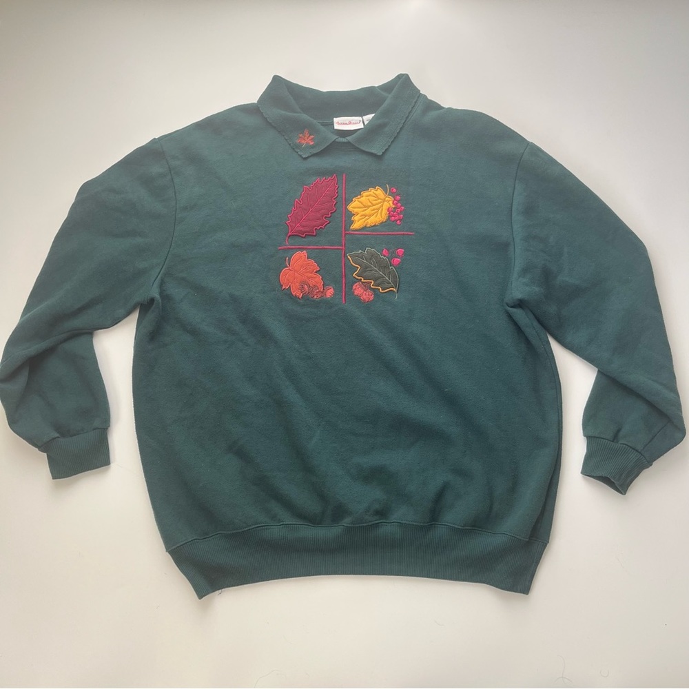 Vtg 90s Bobbie Brooks Fall Crewneck Collared Sweatshirt Leaves Grandma L
